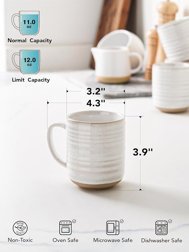 LE TAUCI Coffee Mugs 12 oz, Ceramic Coffee Cups for Latte, Hot Tea, Cappuccino, Mocha, Cocoa, Housewarming Wedding Present Mug Set - Set of 4, Arctic White