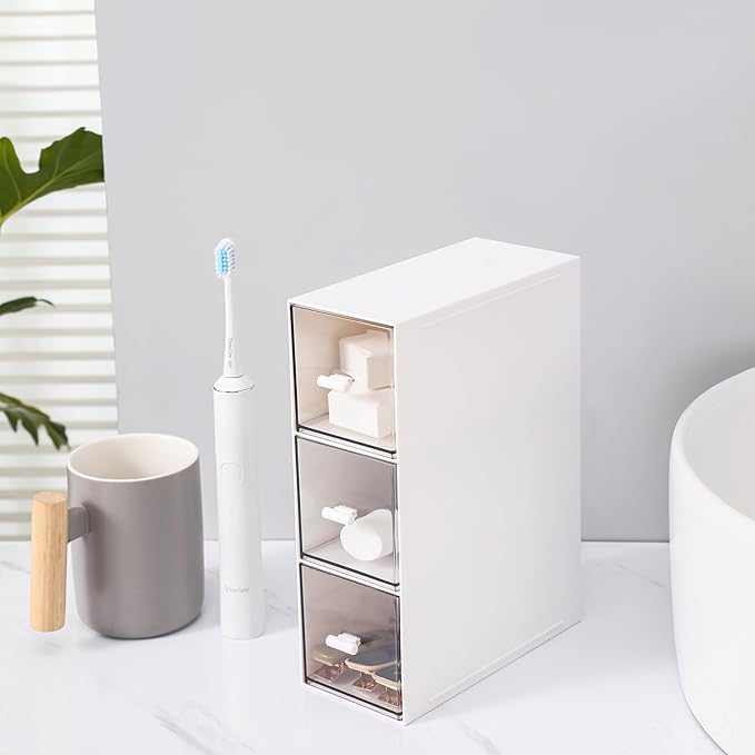 Plastic 3 Drawer Organizer for Cosmetic Storage, Desk Organizer, Makeup Organizer for nail polish, Lipstick, Brushes, Jewelry, Skincare, Bathroom Organization Boxes - White