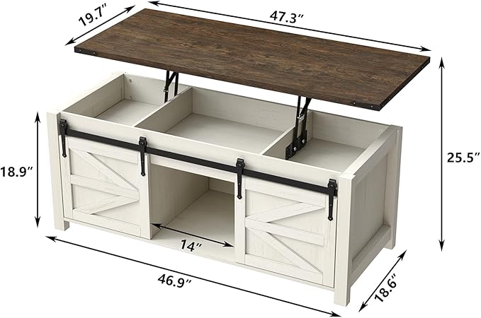 47.3'' Lift Top Coffee Table with Storage, Modern White Coffee Table with Sliding Barn Doors, Farmhouse & Rustic Rectangle Center Table for Living Room, Office, Brown Top