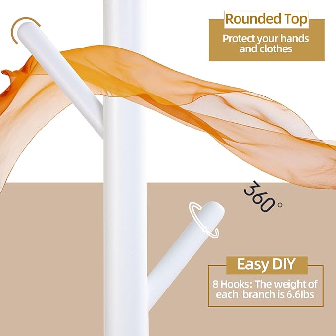 Yawinhe Coat Rack, Sturdy Woode Stand Tree with 8 Hooks, 3 Adjustable Height for Bedroom, Hallway, Entrance, Office, 11.8 x 70.8 inches, White, 1-Pack, Square Base