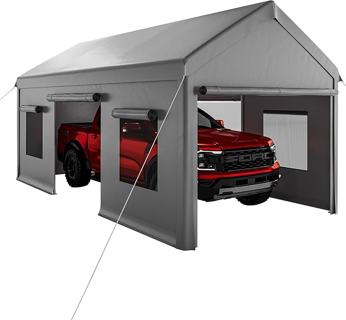 10 x 20 FT Carport Clearance, Heavy Duty Carport Canopy with Roll Up and Down Mesh Window, Outdoor Portable Garage with Removable Sidewalls, All Season Tarp for Car, Boat, Truck, Motorcycle (Gray)
