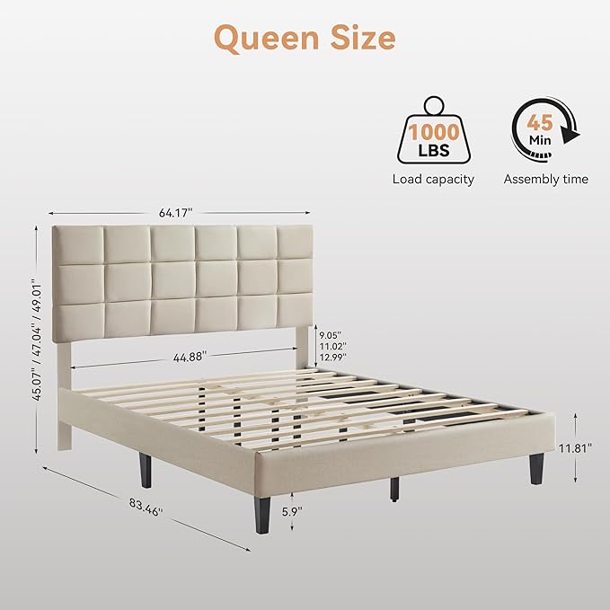 BedsPick Queen Size Bed Frame with Fabric Upholstered Headboard, Bed Frame Queen Size with Solid Wooden Slats Support, No-Noise, Easy Assembly, No Box Spring Needed with 1000LBS, Beige