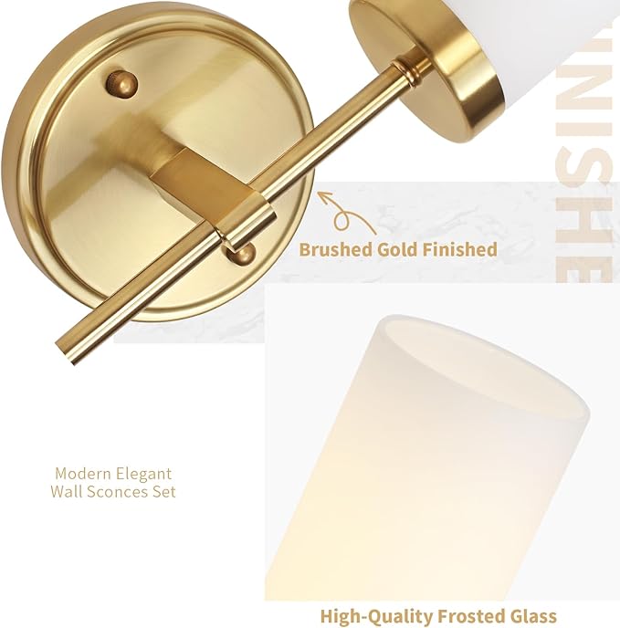 Gold Wall Sconces, Modern Bathroom Vanity Light Fixtures, Sconces Wall Decor Set of 2, Wall Lamps with Frosted Glass, Indoor Wall Lights for Bedroom Living Room Hallway