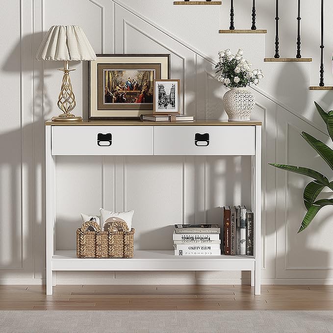 Entryway Table with Drawer & Shelves, Console Tables for Entryway, Modern Farmhouse Sofa Table with Reinforced Support Design, Rustic Wooden Hallway Accent Table, White