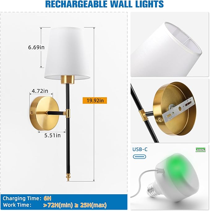 NIORSUN 19.9 inch Battery Operated Wall Sconce Set of 2,Black-Gold Rechargeable Wall Lights with 5200mAh Dimmable Detachable Bulbs and Remote,10 Colors Wireless Sconces for Bedroom Living Room Hallway