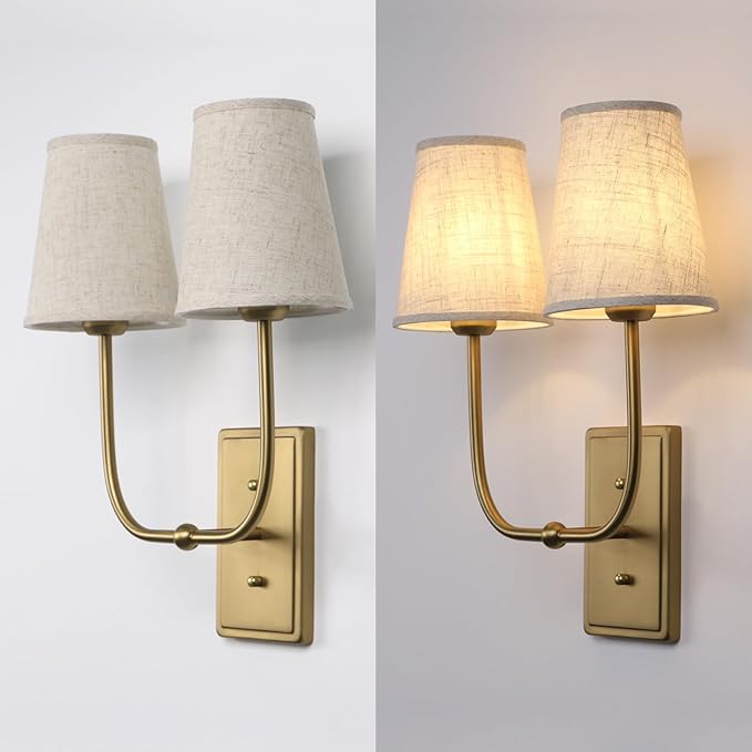 Vintage 2-Lights Wall Sconces with Funnel Linen Fabric Shades, Double Head Bathroom Vanity Lights Fixture, Indoor Wall Lamps for Bedroom Living Room Hallway Stairway