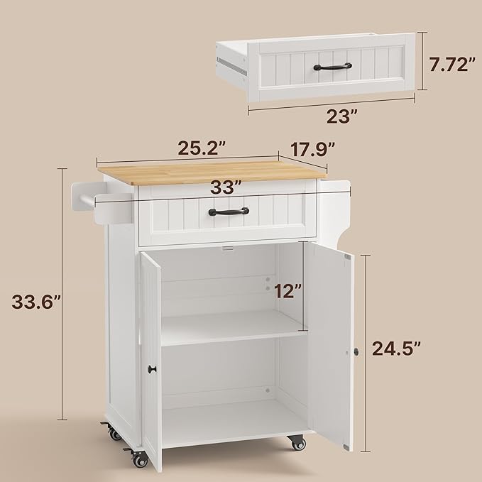 Gizoon Kitchen Island Cart with Adjustable Shelf, 33" W Mobile Trolley Cart on Metal Wheels with Drawer & Storage Cabinet, Spice Rack & Towel Rack, Wooden Countertop, for Dining Room, Bar, White