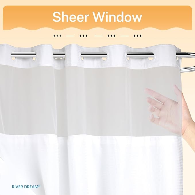 River Dream Heavyweight No Hooks Required Dotted Waffle Weave Shower Curtain with Snap in Liner - 71W x 80H,Hotel Grade,Spa Like Bath Curtain,White