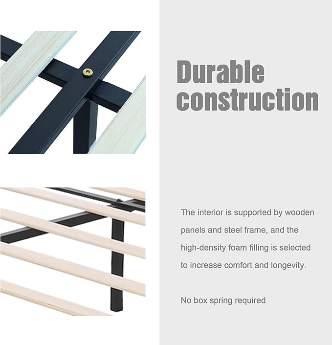 Upholstered Platform Full Size Bed Frame with Headboard Wooden Slats Support No Noise Easy Assembly Black Linen