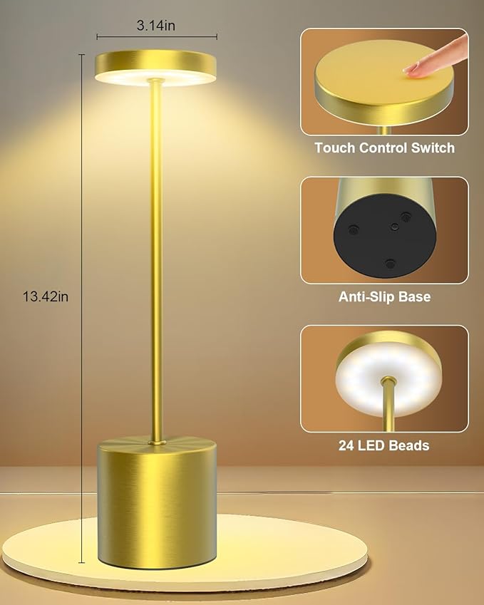 Cordless Table Lamps Rechargeable, Portable LED Desk Lamp, 5000mAh Battery Powered Wireless Table Light - 3 Color Dimmable Lighting for Restaurant Dining Patio Outdoor Bedroom(Gold)