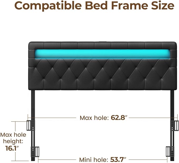 GREENSTELL Headboard for Queen Size Bed with 60,000 DIY color of LED Light, USB & Type C Post, Attach Frame, Height Adjustable, Black Wall Mounted Head Boards Only, Sturdy & Stable, Comfortable, Queen