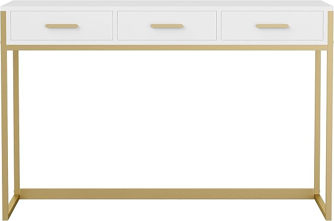 Martha Stewart Ollie Home Office Desk with 3 Drawers in White with Polished Brass Hardware