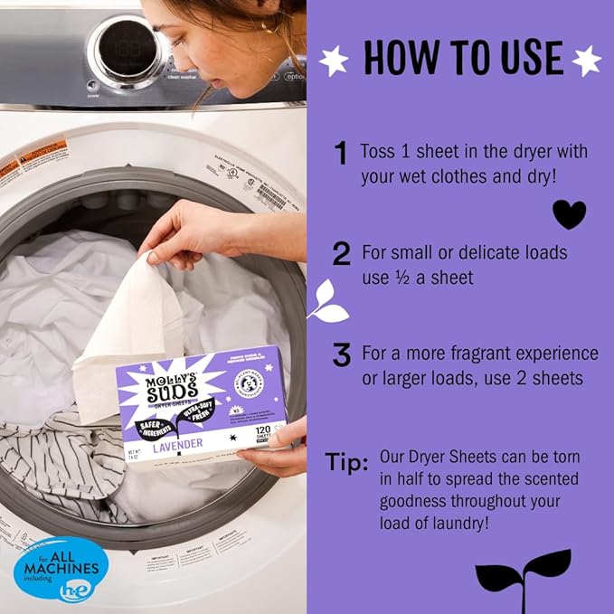 Molly's Suds Fabric Softener Dryer Sheets for Sensitive Skin | Plant-Based Static Reducer, Plastic-Free Packaging | Bundle of 2, Lavender (240 Sheets Total)