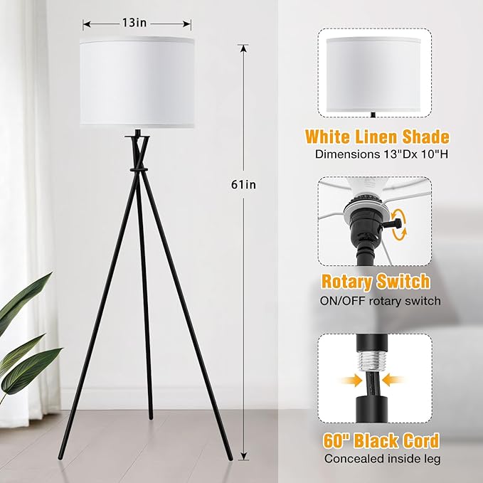 Floor Lamp for Living Room, 61'' Modern Tripod Floor Lamps with White Shade & Rotary Switch, Black Floor lamp for Bedroom, Office, Simple Design Lamp