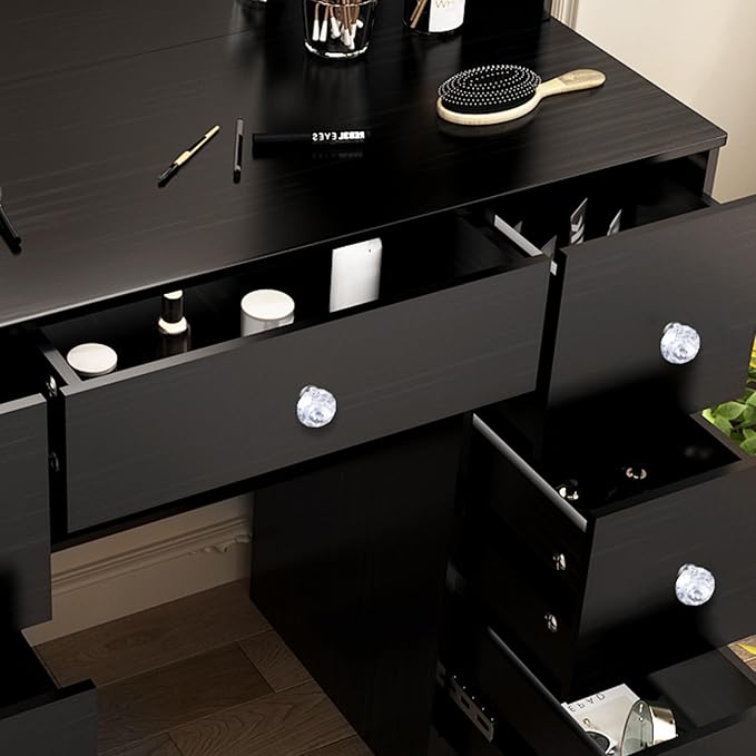 Makeup Vanity Desk with Mirror, Vanity Desk Set with Lights 3 Colors, 7 Drawers & 2 Storage Shelves, Large Vanity Table for Girls Bedroom, Black