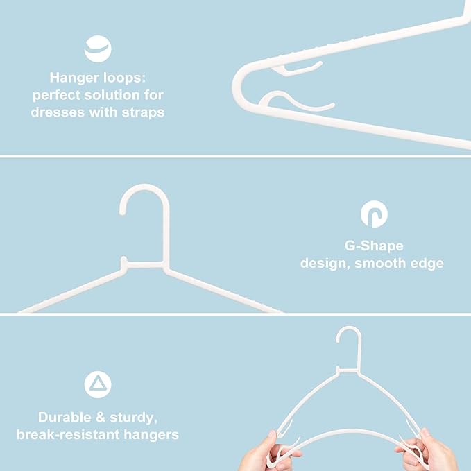 Plastic White Hangers 50 Pack, Light Weight Durable Clothes Hangers G-Shape Hangers Standard Size Ideal for Tank T-Shirts Dresses Jackets Suits Blouses Ties Leggings