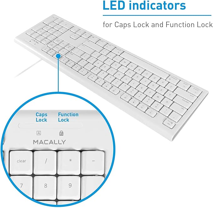 Macally Full-Size USB Wired Keyboard for Mac Mini/Pro, iMac Desktop Computer, MacBook Pro/Air Desktop w/ 16 Compatible Apple Keyboard with Numeric Keypad, Rubber Domed Keycaps - Spill Proof