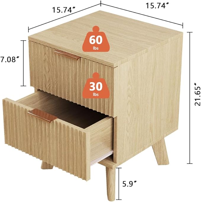 Fluted 2 Drawer Small Dresser for Bedroom, Mid Century Modern Nightstand with Drawers, Low Bedside Table with Drawers, End Table Short Storage, Living Room, Dorm -Natural