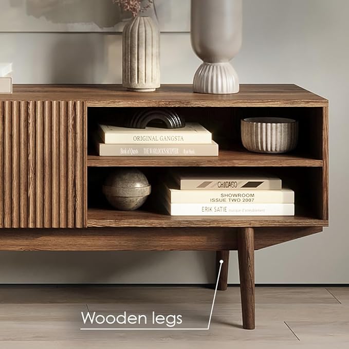 Living Skog TV Stand for Living Room TV Media Console Table, Modern Entertainment Center with Storage Scandinavian Midcentury Fluted Style Fits TV 50 55 60 65 70 inch, Wood Legs (Brown, Kelly 59 in)