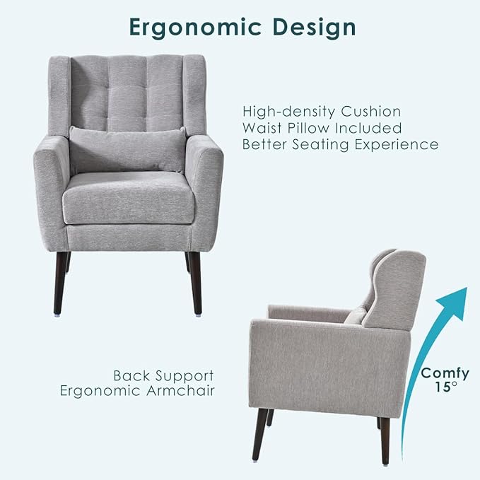 Accent Chair, Comfy Upholstered Living Room Chairs with High Tufted Backrest and Pillow, Wingback Reading Chair with Solid Wood Legs for Bedroom/Office, Chenille Fabric, Grey