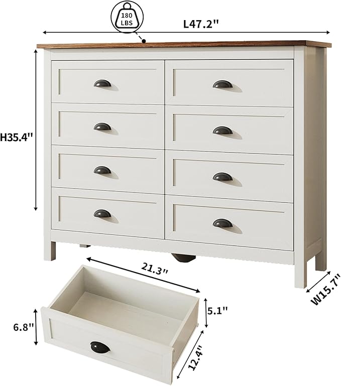 White Dresser for Bedroom, Farmhouse 8 Drawer Dresser, Wide Chest of Drawers with Metal Handles, Modern Wood Double Chest for Bedroom, Living Room, Hallway