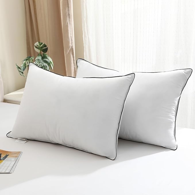 BPC Goose Feather Down Pillows Queen Size Set of 2, Luxury Hotel Bed Pillows, 100% Organic Cotton Cover, Soft Support Surround Fill Polyester, Medium Firm for Back, Stomach or Side Sleepers 20"x30"