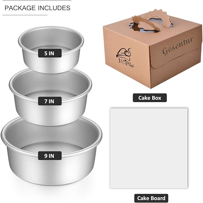 Gesentur Cake Pan Set, Round Cake Mold Anodised Aluminium 3 Pcs Bakeware With Removable Base for Cake Baking Party Birthday Christmas (5" 7" 9")