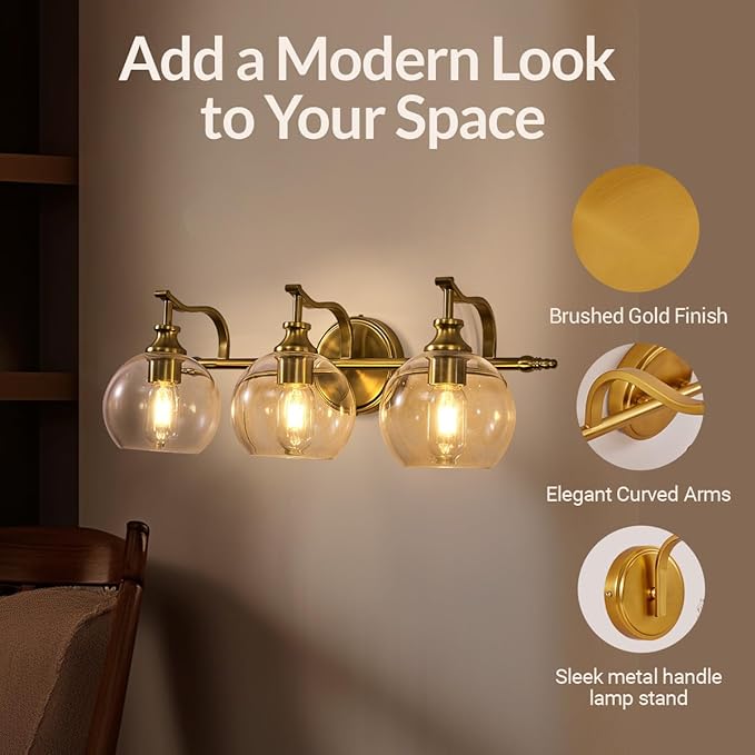 ANDY STAR Gold Bathroom Light Fixtures, Antique Brass Vanity Light, 3 Lights Wall Light with Globe Clear Lampshade, Vintage Wall Sconce with Metal Lamp Body for Bedroom, Living Room, Hallway