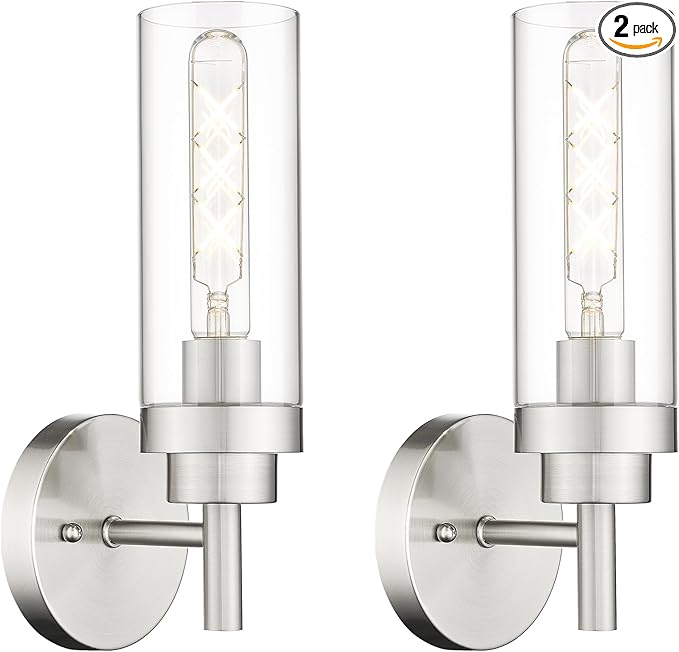 Emak Modern Wall Lights, Brushed Nickel Wall Sconces Set of 2, Bathroom Vanity Light with Clear Glass Shade for Bathroom, Bedroom, Living Room, Hallway, WS085-BN-2PK