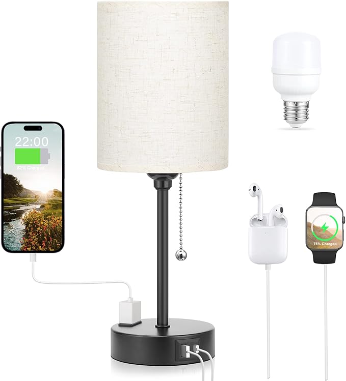 Small Bedside Lamp With 3 Color Modes - Off White 2700K 3500K 5000K Bedroom Light With USB C and A Ports, Pull Chain, AC Outlet, Black Metal Base for Kids Reading
