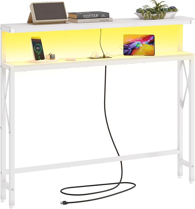 FAVOOSTY 46.8" Skinny Console Table with Charging Station and LED Light,5.9" Narrow Sofa Table with Power Outlets and Type C & USB Port, Behind Couch Table for Living Room, Hallway, EntryWay, White
