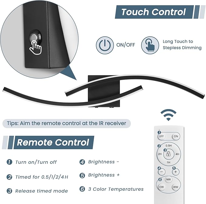 15000mAh Battery Operated Wall Sconce Set of 2,Black Wall Sconces with Remote Control,3000K-6000K Modern LED Wireless Wall Light for Living Room, Hallway, Bedroom, 39.3 Inch (2 Pack)