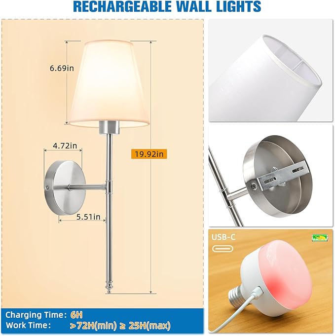 NIORSUN 19.9 inch Battery Operated Wall Sconce Set of 2,Brushed Nickel Rechargeable Wall Lights with 5200mAh Dimmable Detachable Bulbs and Remote,10 Colors Wireless Sconces for Bedroom Living Room