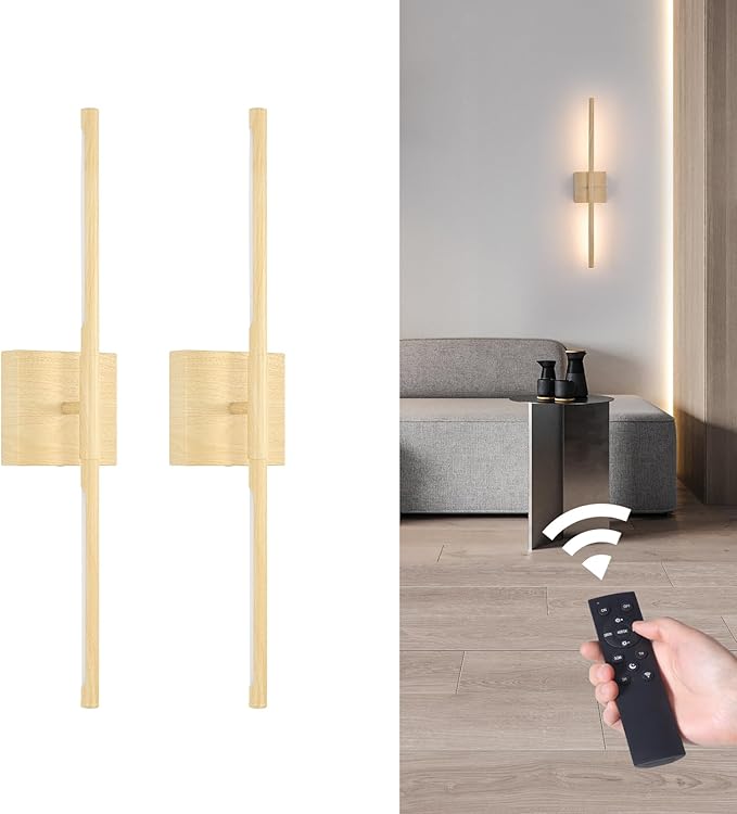 Battery Operated Wall Sconce Set of 2, 8000mAh Rechargeable Wall Sconces, 3000K-6000K Dimmable, 350°Rotate, Indoor Wall Lights for Bedroom Living Room, Original Wood, 23.6 Inch