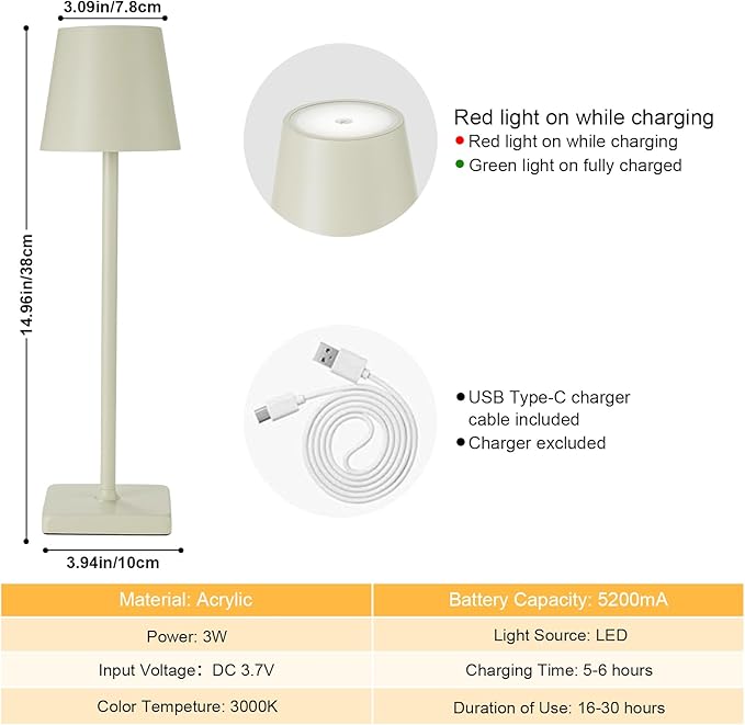 2 Pack Rechargeable Cordless Table Lamps, 5200mAh Battery Touch Table Light, Aluminum Shell Stepless Dimmable Portable LED Desk Lamp for Dinner/Restaurant/Outdoor Cream