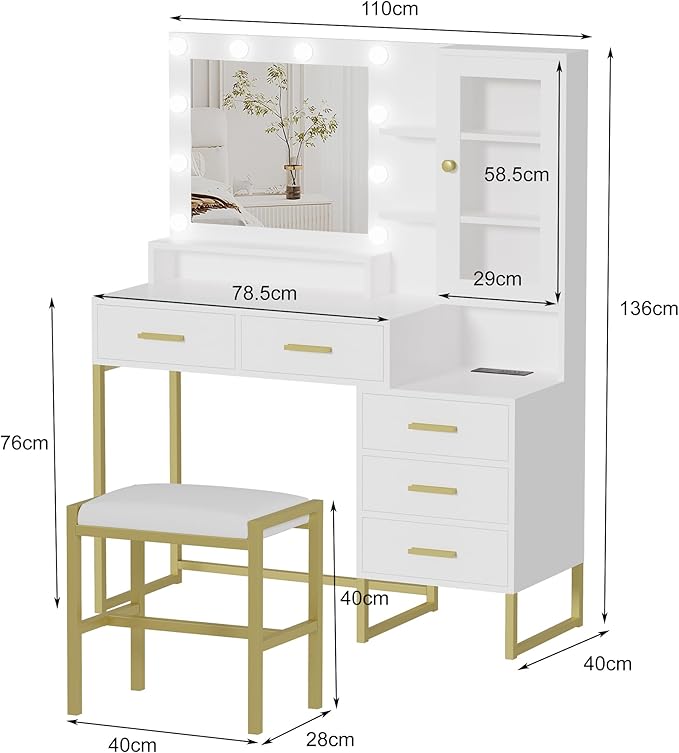GarveeHome Large Makeup Vanity and Stool, Vanity Desk with Mirror and Lights, Makeup Table with Charging Station, Vanity Table with Drawers and LED Bulbs, White