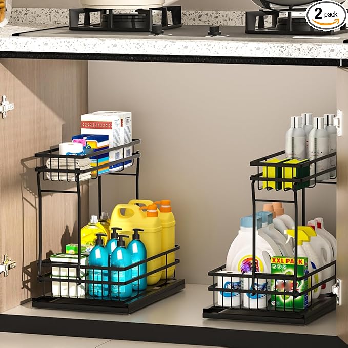 2 Pack Under Sink Organizers and Storage, 2 Tier Pull Out Cabinet Organizer, Metal Sliding Drawer Storage for Kitchen Bathroom，Black
