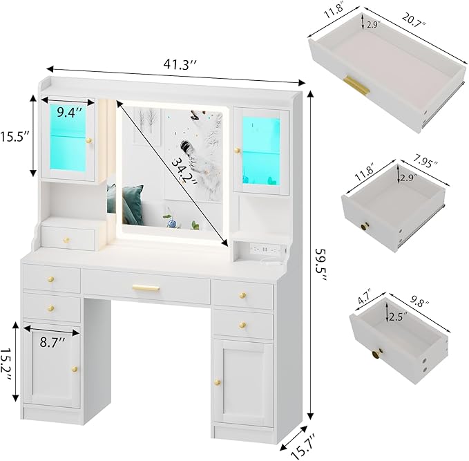 White Makeup Vanity Desk with Mirror and Lights, Large Vanity Table Set with Charging Station, Dressing Table with RGB Cabinets, Makeup Vanity Mirror with Light Desk and Drawers, 3 LED Lights Modes