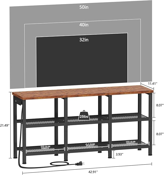 Furologee TV Stand with Power Outlets, Small Entertainment Center with Open Storage Shelves, Media Console Center for TVs up to 50 Inch, Television Stands for Living Room/Bedroom, Rustic Brown