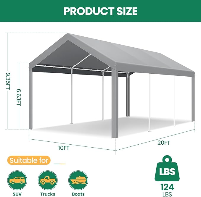 COBIZI Carports 10x20 Heavy Duty Car Tent Garage, Galvanized Frame Car Canopy Outdoor Shelter Waterproof & UV Protected with Windproof Ropes & Built-in Sandbags for Car Truck Boat, Gray
