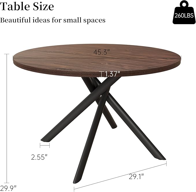 45.3 Inch Modern Round Dining Table for 4, Space-Saving Dinette with Carbon Steel Legs for Home Kitchen Apartment(Walnut Table)