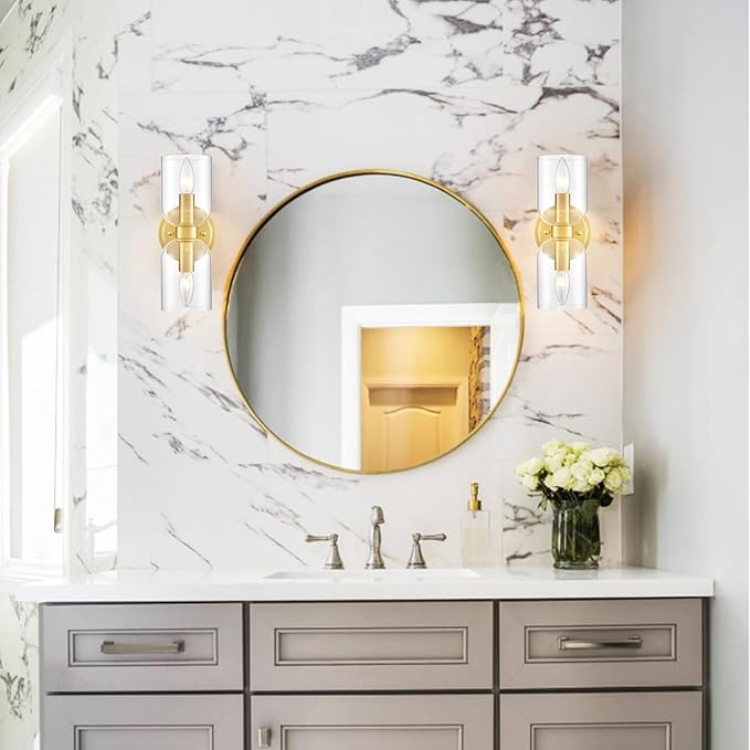 CLAXY Gold Wall Sonce Dimmable E12 Based Wall Lamp for Bathroom with Clear Shades-Vertical and Horizontal Installation