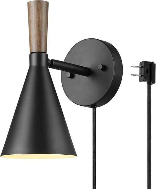 GLOBE Electric 65000101 Plug-in or Hardwire Wall Sconce, Matte Black Finish, Wood-Toned Switch, Metal Shade, 6-Foot Cord, E26 Base, Easy Installation