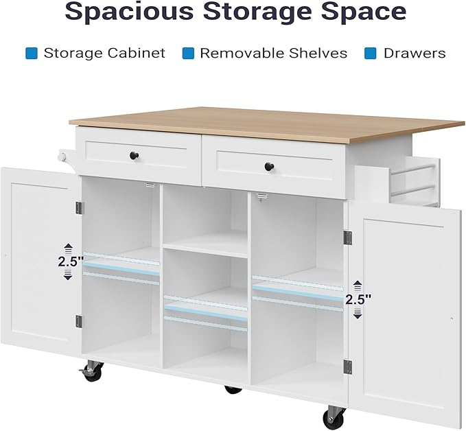 Kitchen Island On Wheels, Rolling Kitchen Island Cart with Drop Leaf and 2 Drawers, Mobile Kitchen Table Storage Cabinet with Tower Rack and Spice Rack for Dining Room, Kitchen, White