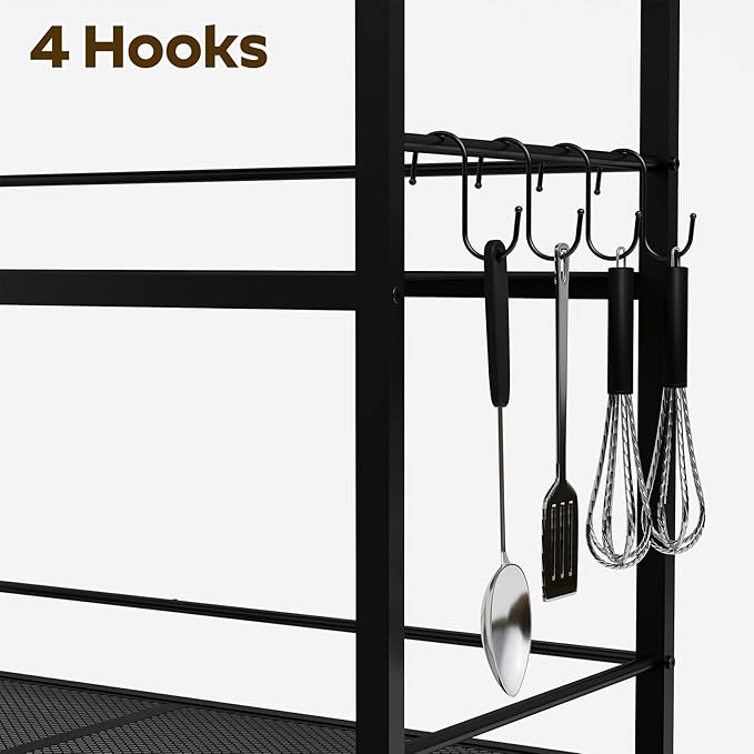 Kitchen Island with 3 Shelves, Kitchen Island with Power Outlet, Kitchens Storage Rack with 4 S Hooks, Microwave Stand Coffee Bar Station for Dining Room, Rustic Brown and Black KIHR92E01