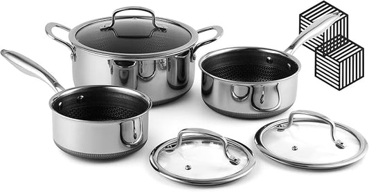 Hybrid Nonstick 6-Piece Pot Set with 2 Silicone Trivets, 1.5 QT, 2 QT, and 5.2-Quart Pots with Tempered Glass Lids, Stay-Cool Handles, Dishwasher Safe, Induction Ready, Compatible with All Cooktops