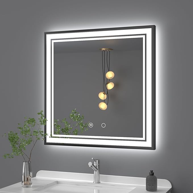 36" x 36" LED Bathroom Mirror with Lights Framed LED Mirror for Bathroom Backlit and Front Lighted Bathroom Mirror Black Square Aluminum Frame Anti-Fog Dimmable Shatter-Proof Memory