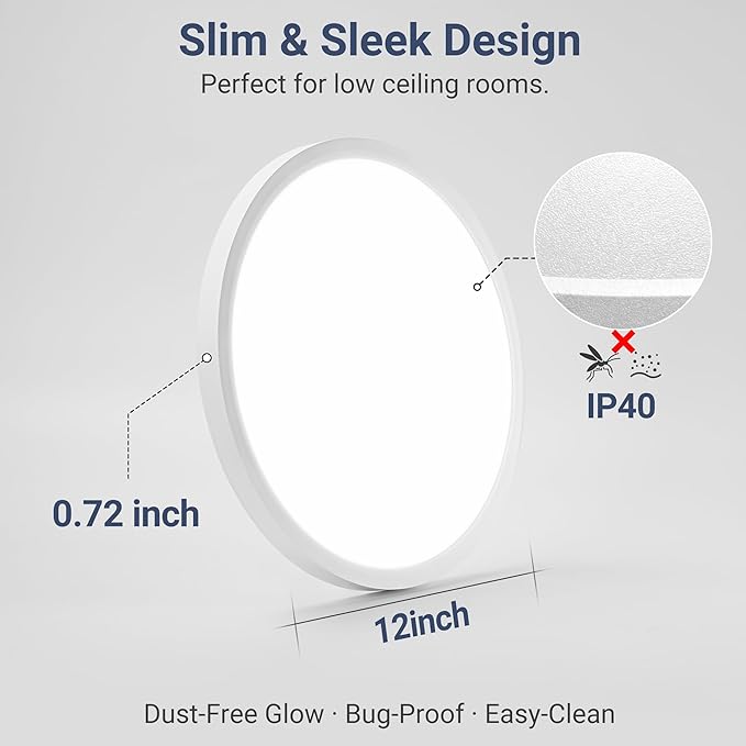 6 Pack 2640LM LED Flush Mount Ceiling Light, 24W Dimmable & 5 CCT Selectable (2700K-6500K), 12 Inch Ultra-Thin Round Flat Light Fixture for Bedroom Kitchen Hallway, White