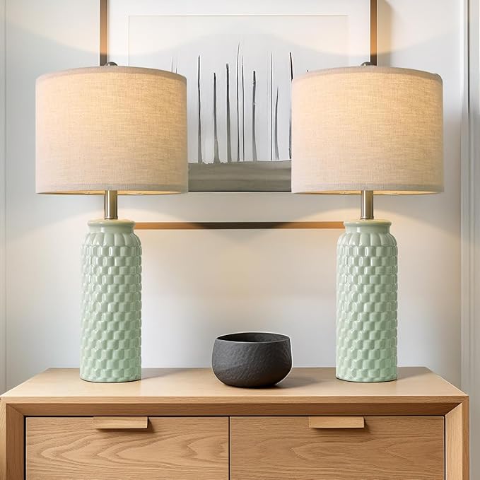 24" Modern Ceramic Green Bedside Lamp Set of 2 Table Lamp for Bedroom Decor Farmhouse Table Lamp for Living Room Office Dorm