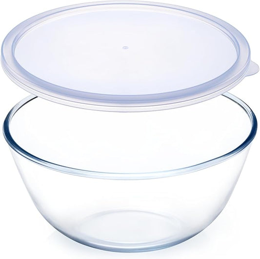 NUTRIUPS 4.7 Quart Large Glass Mixing Bowl with Lid, Deep Big Glass Bowl Large Salad Bowl (Transparent Twilight Purple)